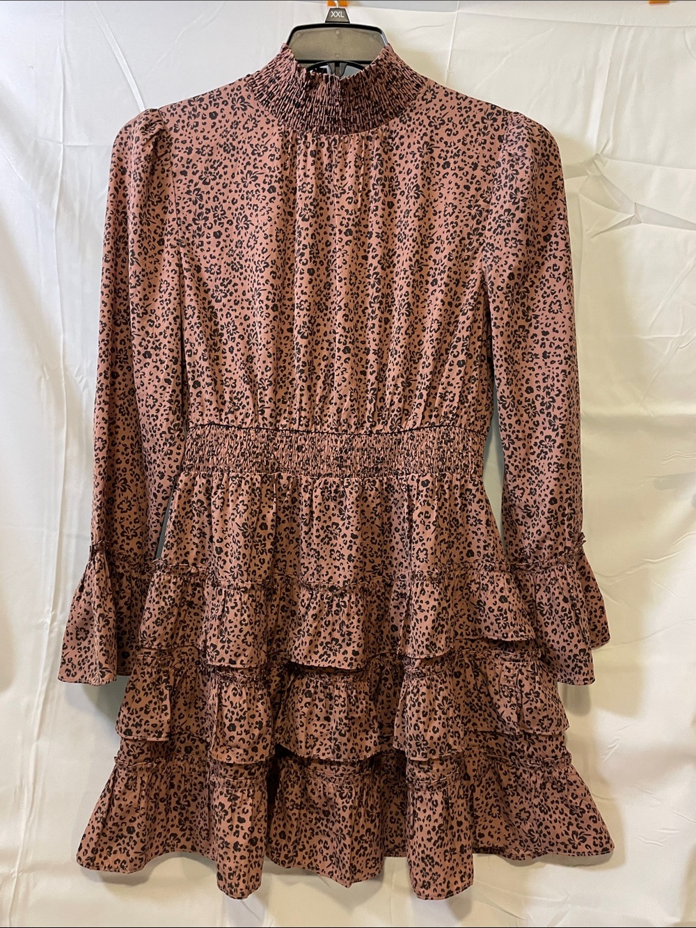 Love Riche Mauve Leopard Smocked Tiered Ruffle Long Sleeve Dress